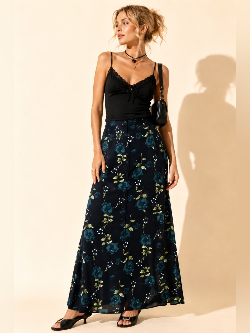 Vintage 90s Floral Roses Button Front Maxi Skirt Cottagecore Navy Teal Sz M